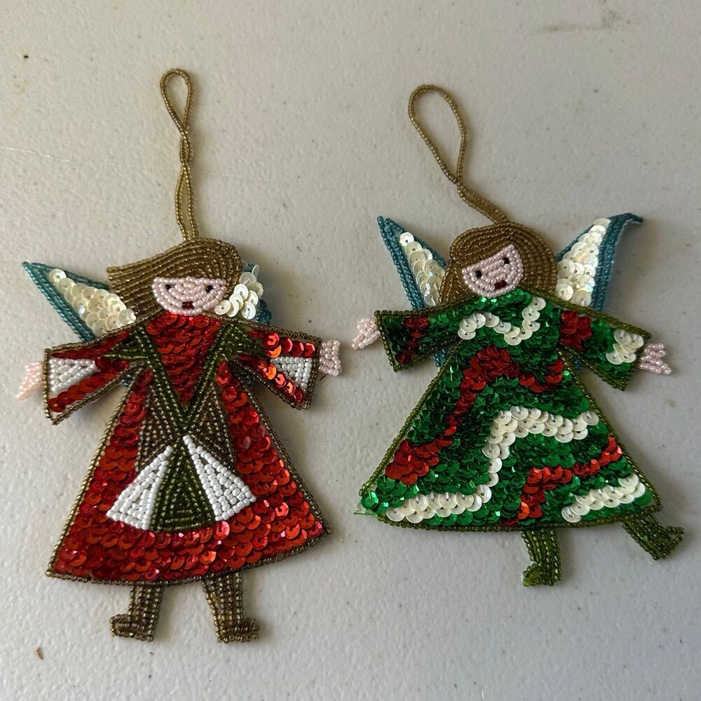Set Of 2 Vintage Folk Art Embellished Beaded Sequin Christmas Angels Ornaments